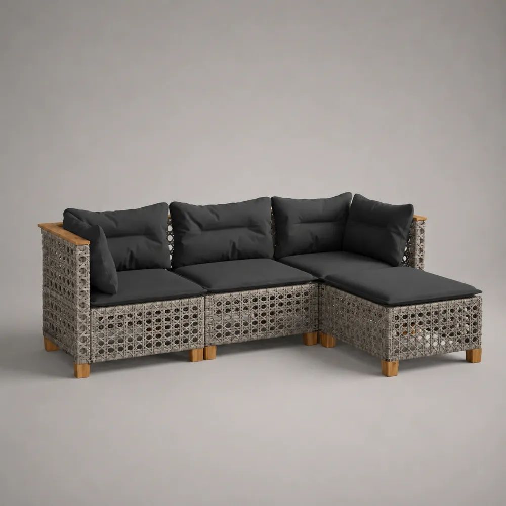 Canapé de jardin d'angle en résine tressée grise avec coussins et structure en bois 250 x 180 x 70 cm