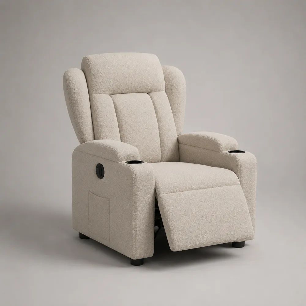 Fauteuil relax inclinable 80 x 90 x 105 cm beige en tissu bouclé avec repose-pieds intégré et porte-gobelets