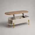 Table basse relevable avec rangement intégré blanche avec plateau effet bois naturel 120 x 60 x 45 cm et pieds dorés