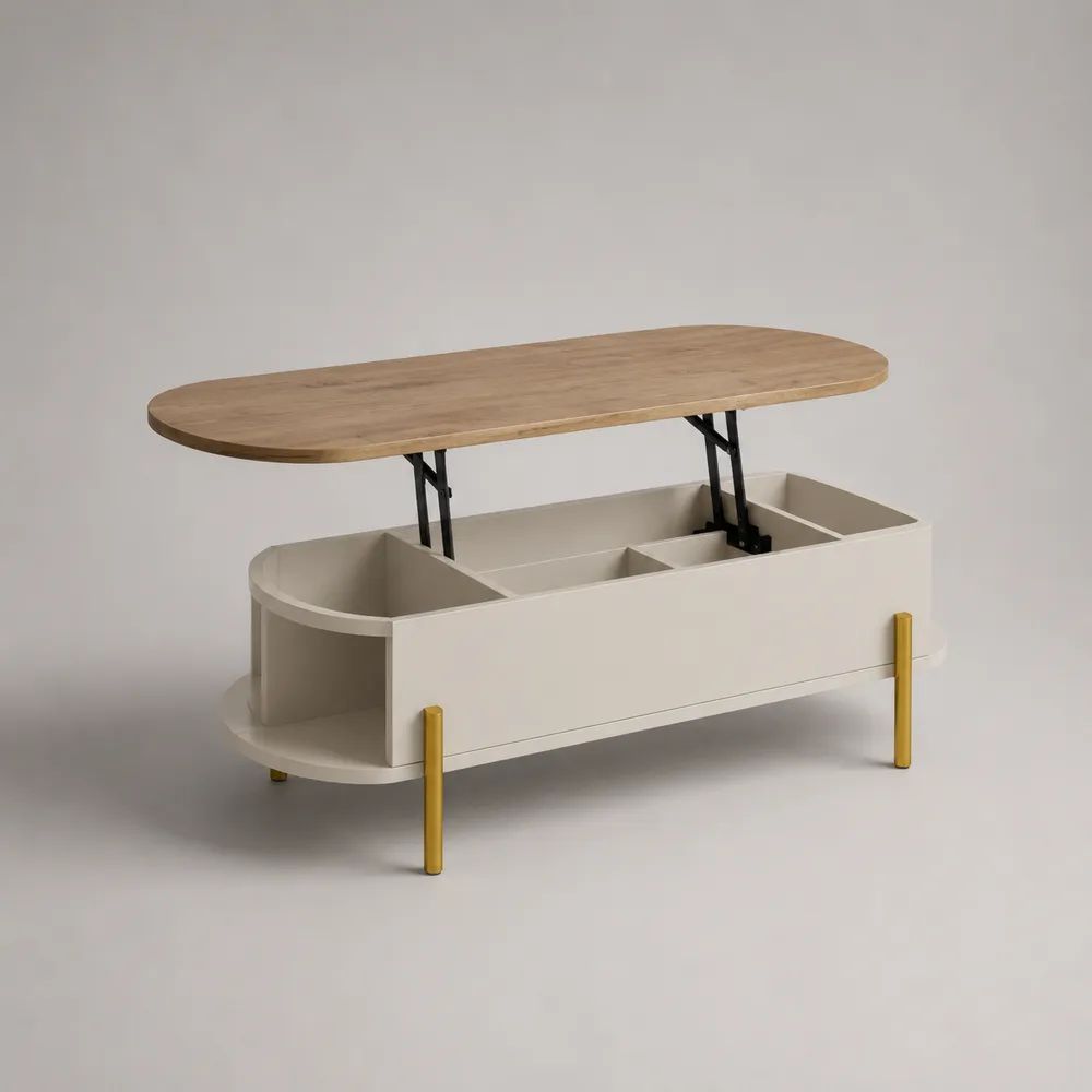 Table basse relevable avec rangement intégré blanche avec plateau effet bois naturel 120 x 60 x 45 cm et pieds dorés