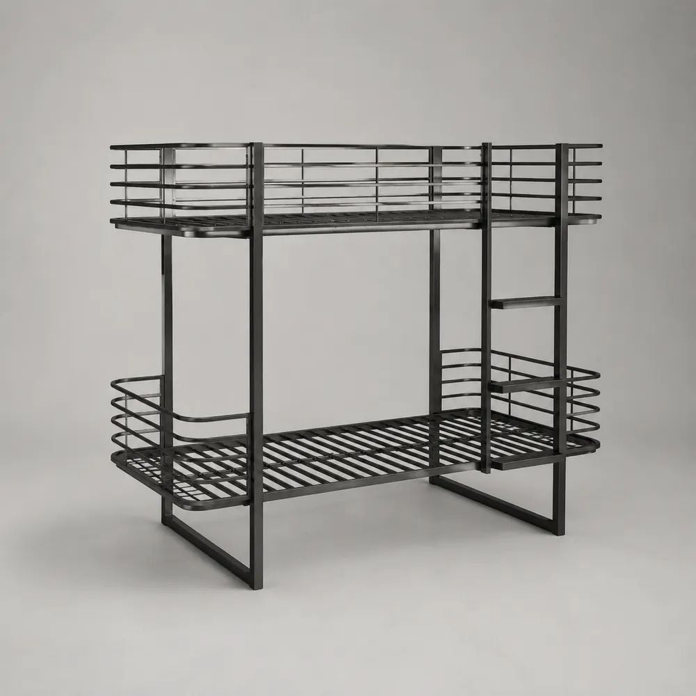Lit superposé double 90 x 200 cm noir en métal avec échelle intégrée et barrières de sécurité