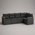 Canapé de jardin d'angle 300 x 220 x 70 cm gris avec coussins noirs, structure en résine tressée et accoudoirs effet bois