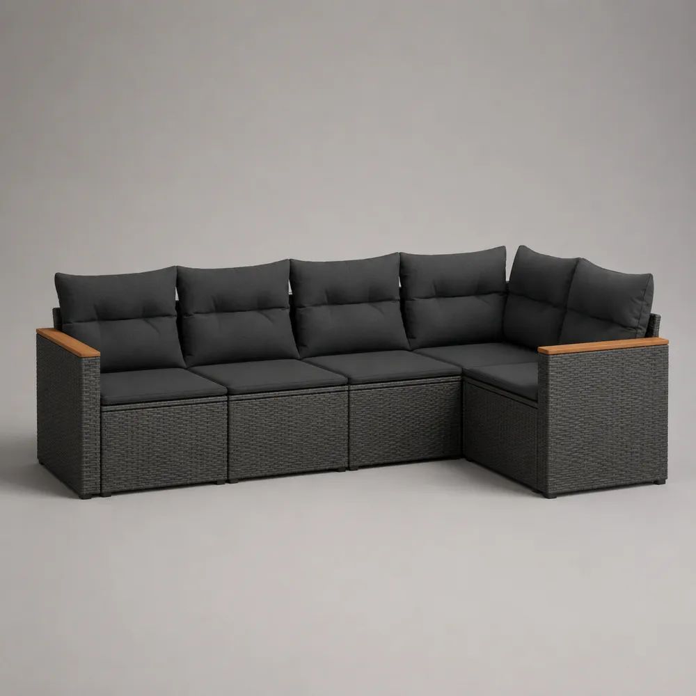Canapé de jardin d'angle 300 x 220 x 70 cm gris avec coussins noirs, structure en résine tressée et accoudoirs effet bois