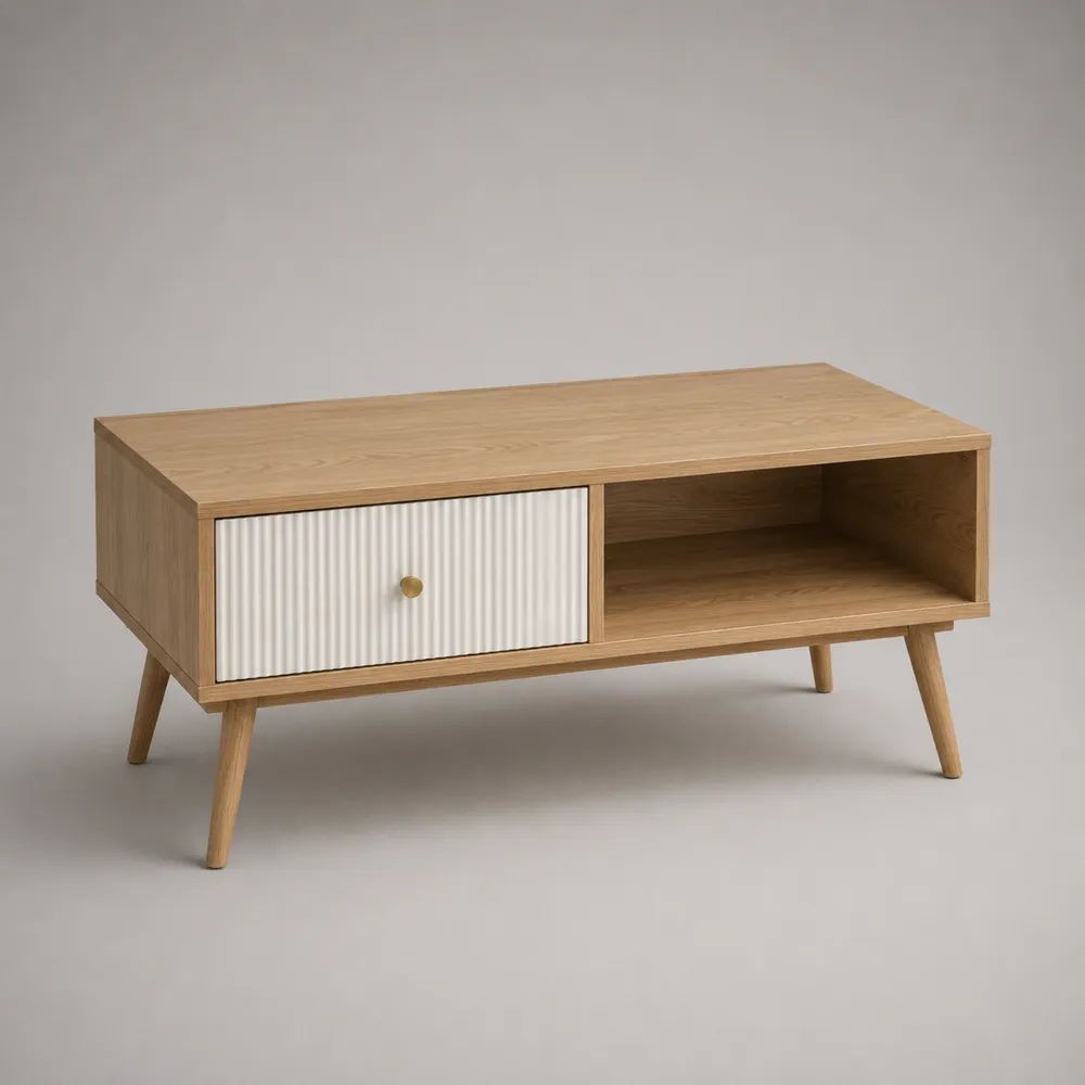 Table basse 120 x 60 x 45 cm effet chêne clair en bois avec tiroir et étagère ouverte