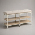 Meuble à chaussures 120 cm blanc et bois clair avec banc rembourré et étagères de rangement