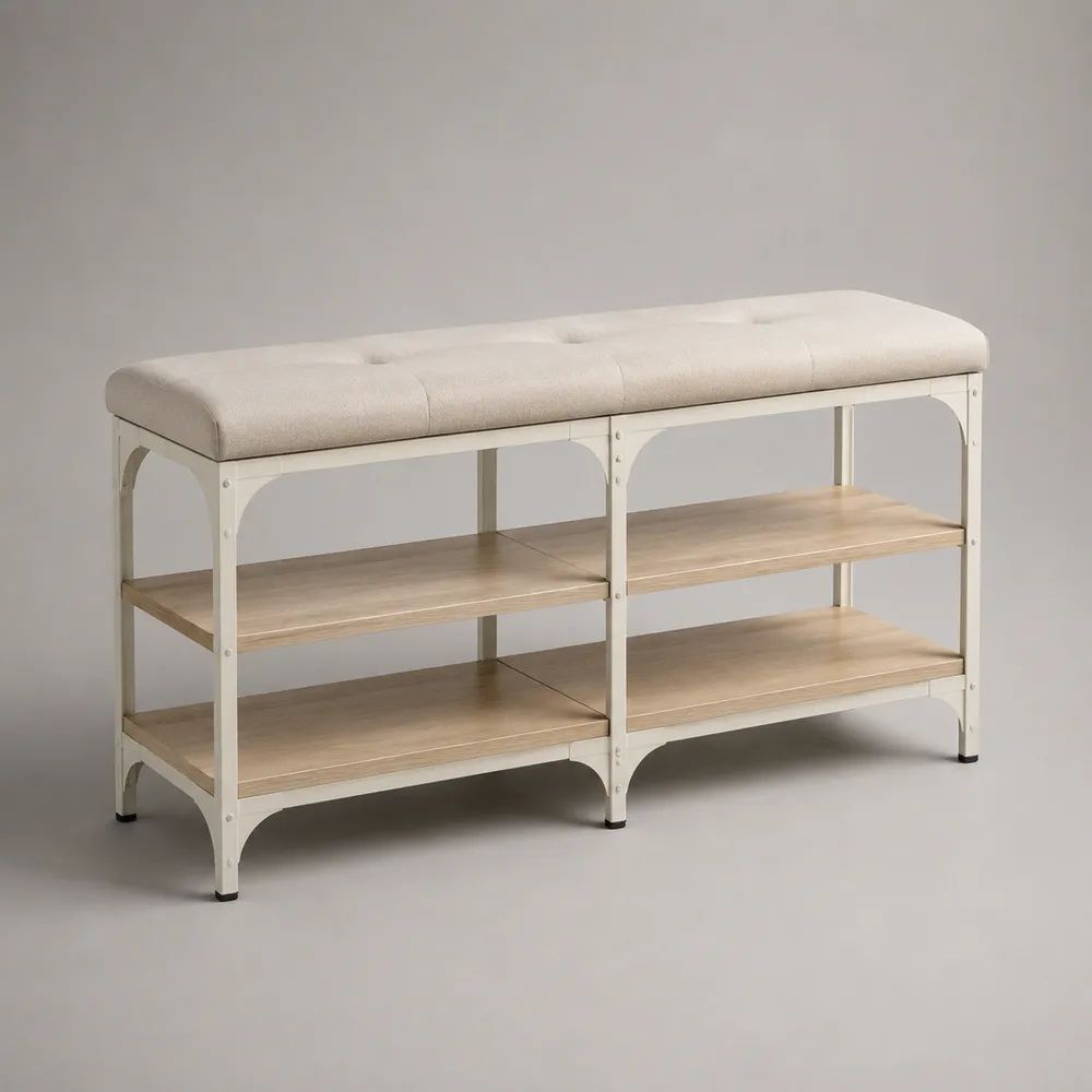 Meuble à chaussures 120 cm blanc et bois clair avec banc rembourré et étagères de rangement