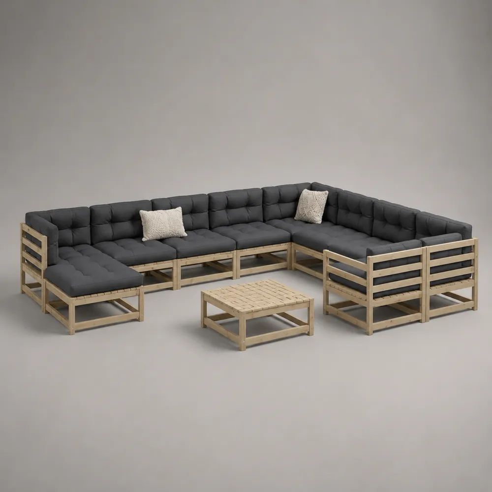 Salon de jardin modulable 360 x 280 x 75 cm en bois avec canapé d'angle table basse et coussins gris
