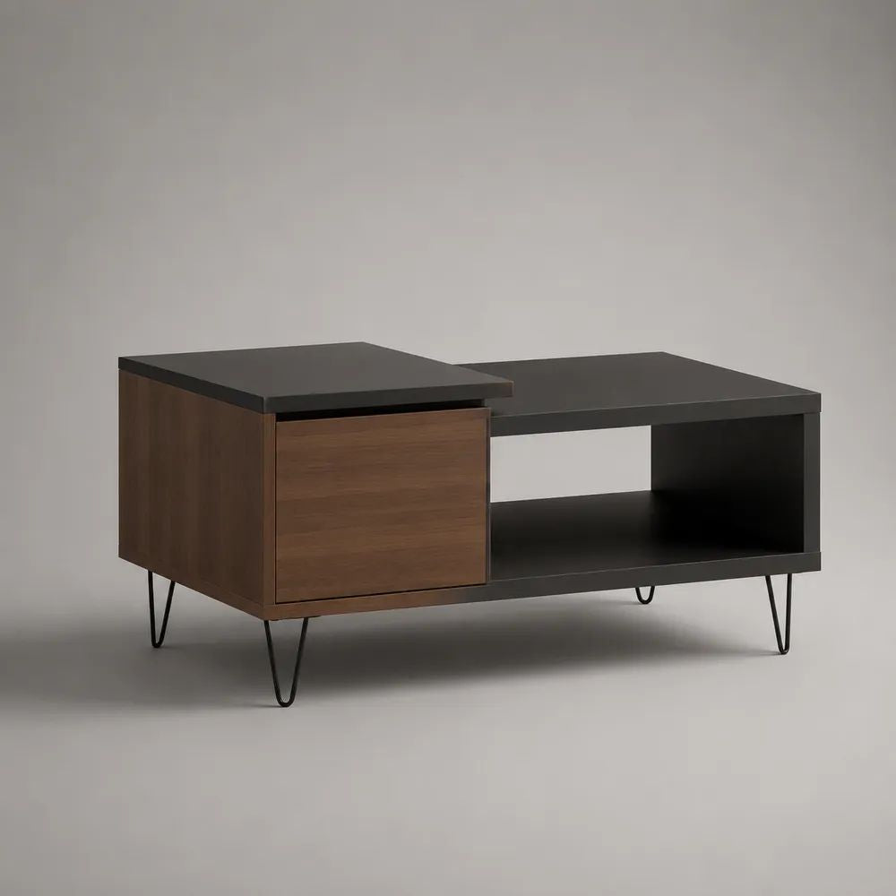 Table basse avec rangement en bois marron et plateau noir 120 x 60 x 45 cm