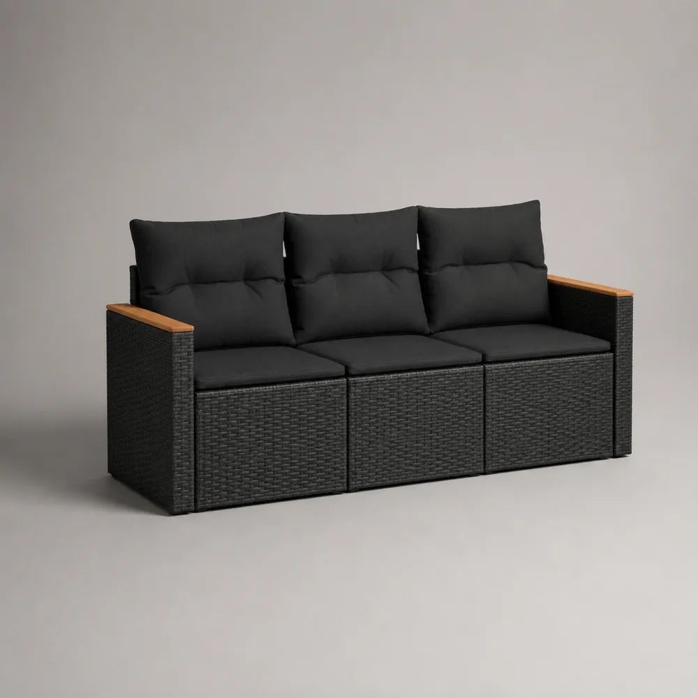 Canapé de jardin 3 places en résine tressée noire avec coussins et accoudoirs effet bois 200 x 75 x 70 cm