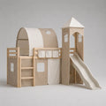Lit superposé cabane enfant en bois beige avec toboggan, échelle et panneaux textiles 90 x 200 cm