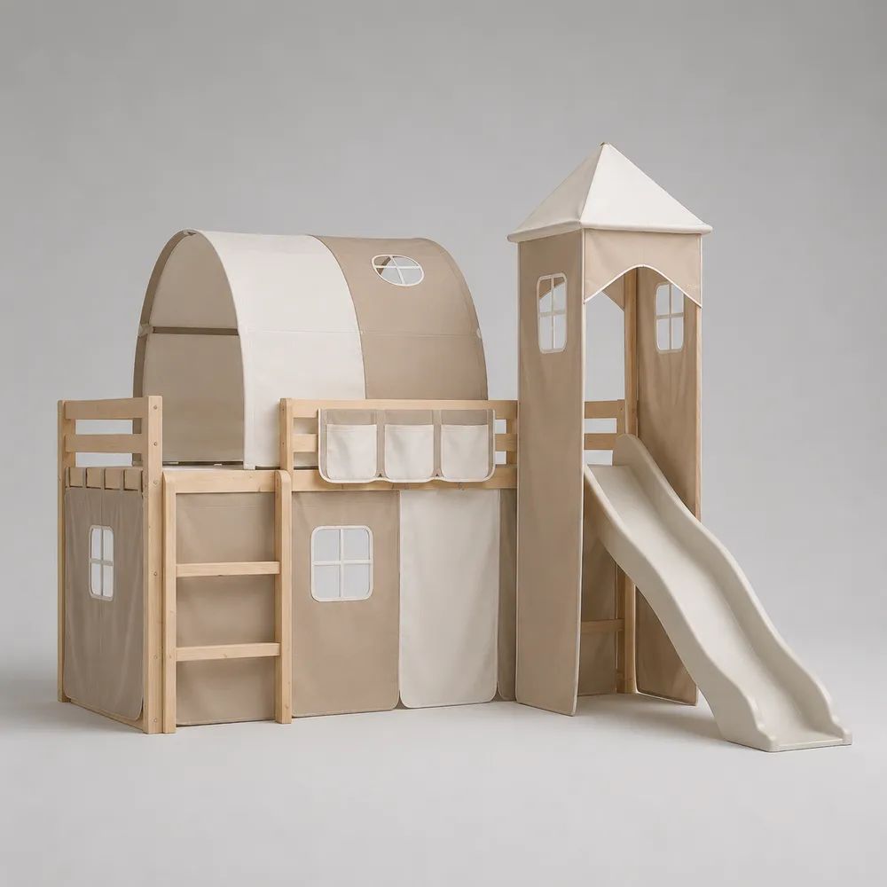 Lit superposé cabane enfant en bois beige avec toboggan, échelle et panneaux textiles 90 x 200 cm