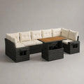 Salon de jardin d'angle 300 x 220 x 75 cm résine tressée noire avec coussins écru et table relevable