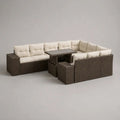 Salon de jardin modulable d'angle 300 x 300 x 70 cm en résine tressée gris foncé avec coussins beige et table haute en verre