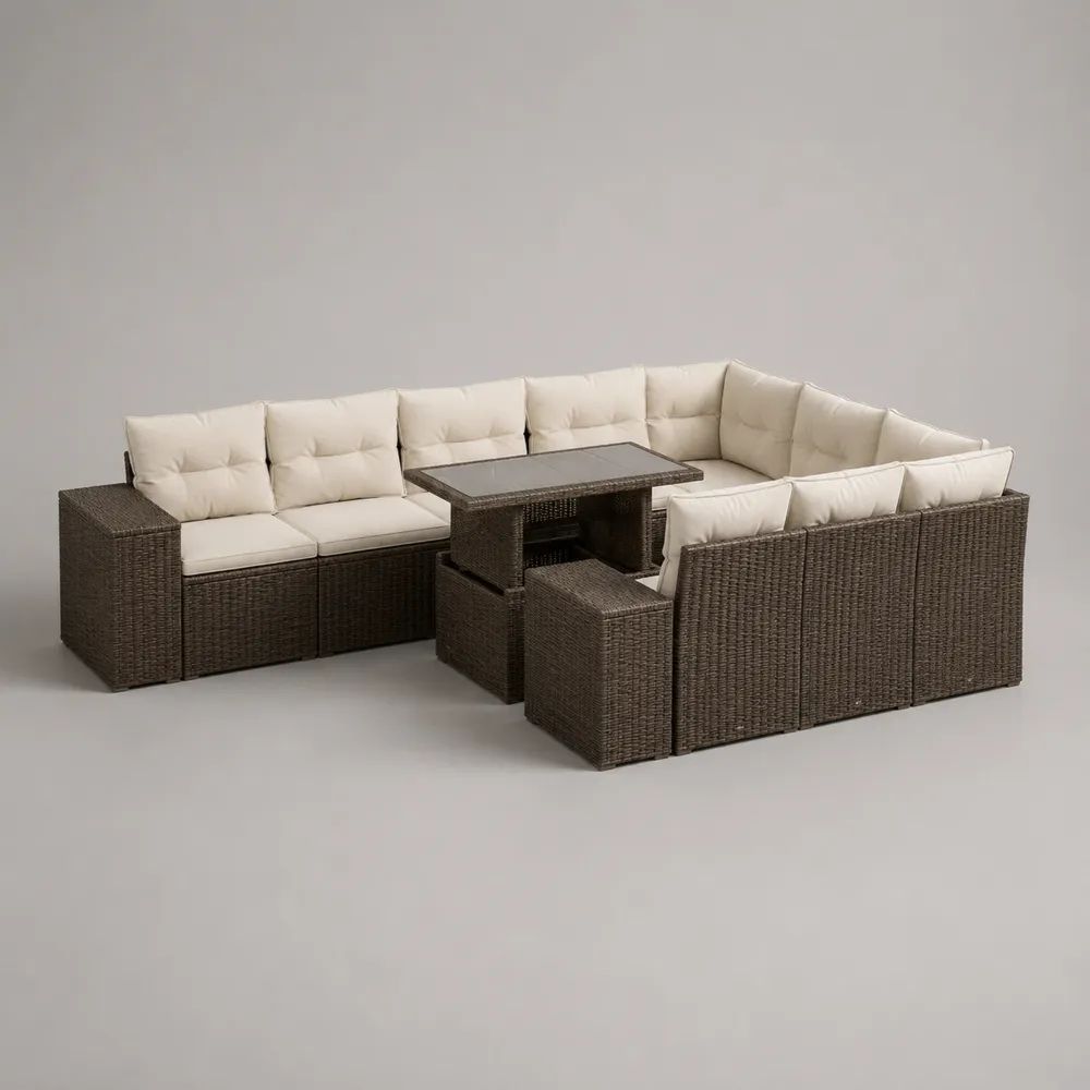 Salon de jardin modulable d'angle 300 x 300 x 70 cm en résine tressée gris foncé avec coussins beige et table haute en verre
