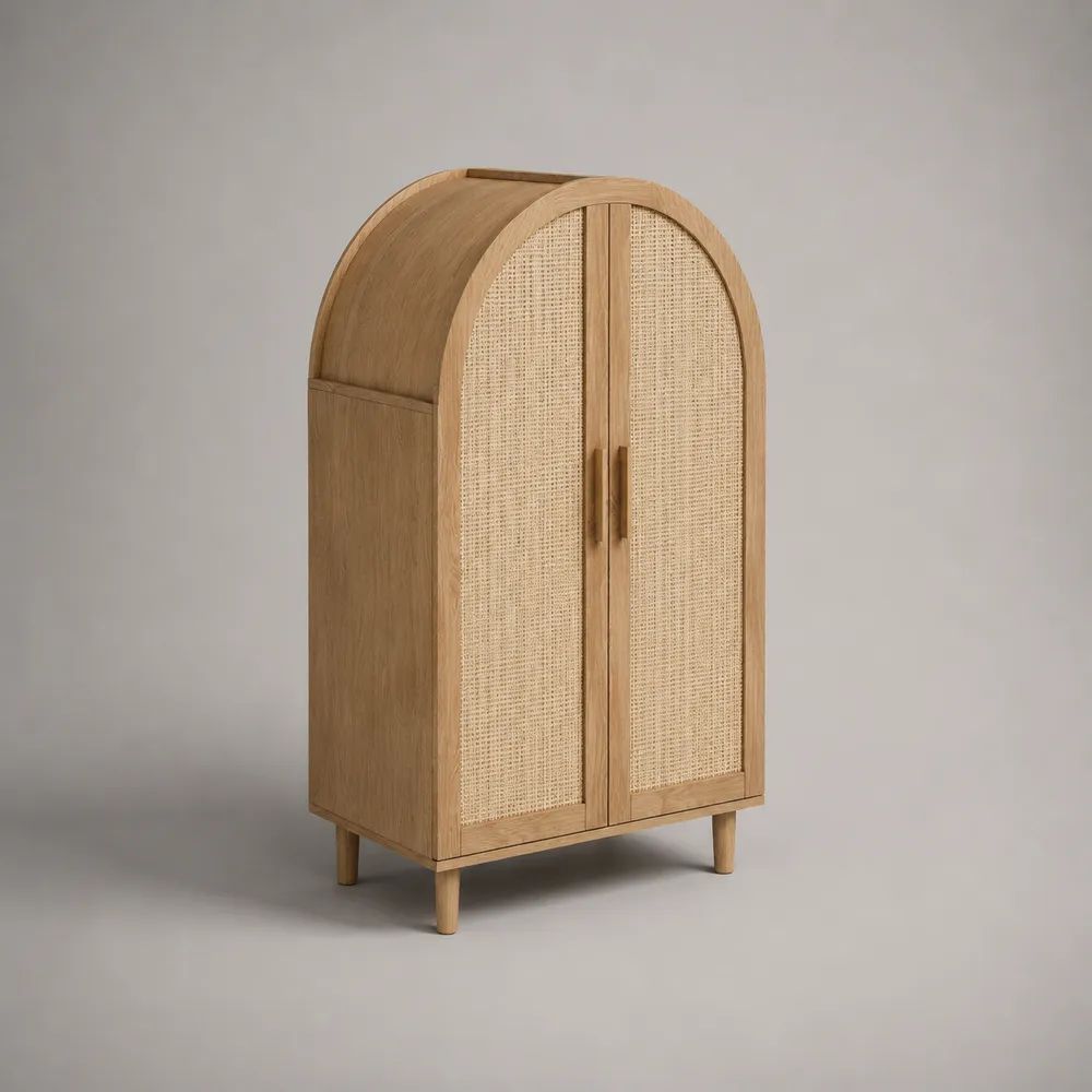 Meuble à chaussures 90 x 40 x 140 cm en bois chêne clair avec portes en cannage et rangement fermé