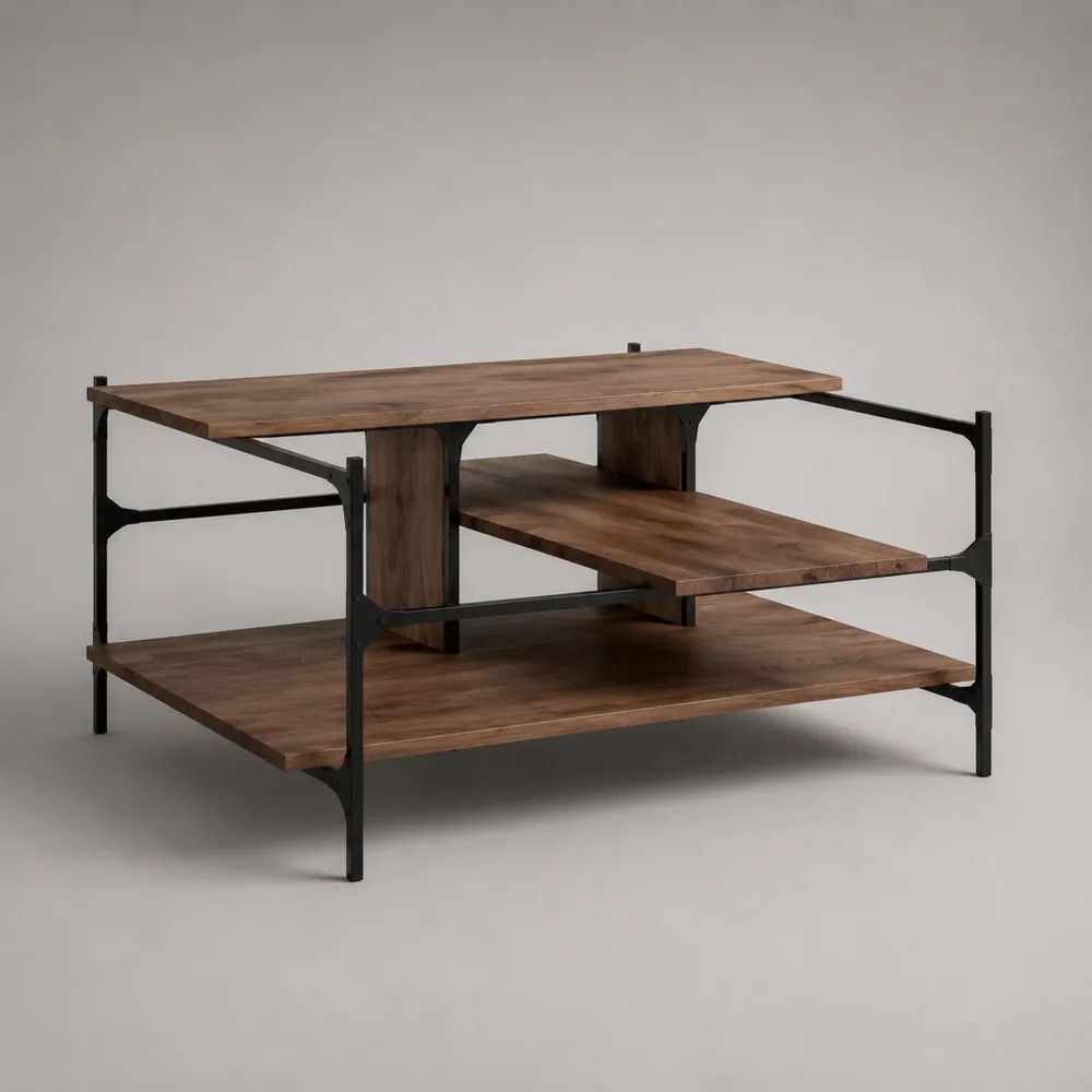 Table basse rectangulaire 120 x 70 x 45 cm marron foncé effet bois avec plateau inférieur et structure en acier noir
