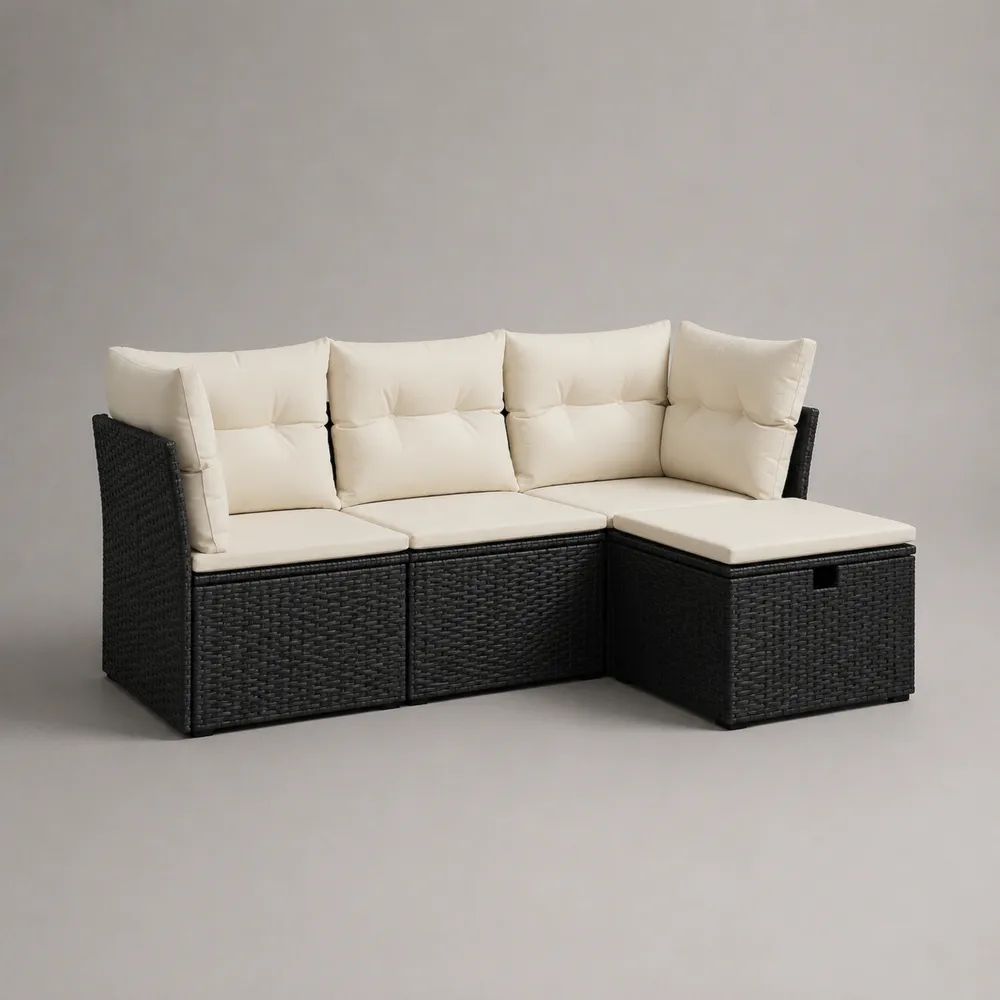 Canapé de jardin d'angle 250 x 180 x 70 cm noir en résine tressée avec coffre de rangement et coussins beige