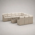 Salon de jardin d'angle modulable 350 x 250 x 75 cm en résine tressée beige avec coussins blancs et table basse