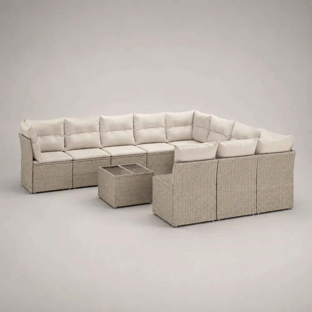 Salon de jardin d'angle modulable 350 x 250 x 75 cm en résine tressée beige avec coussins blancs et table basse